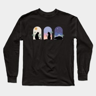 Boho minimalist black cats with plants - day, evening and night pack Long Sleeve T-Shirt